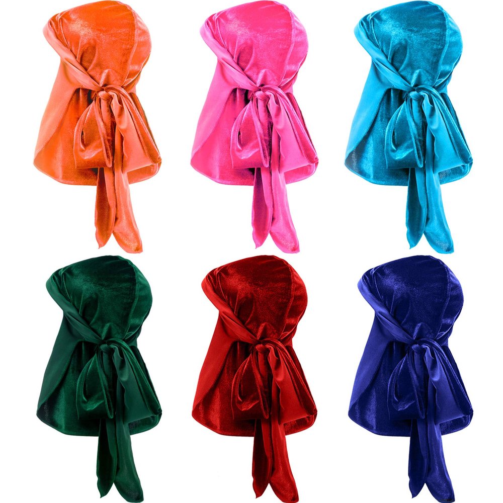 Tatuo 6 Pack Velvet Durag for Men Women, 41 Inch Extra Long Tail, Stretchable Wave Cap for 360/540/720 Waves(Orange, Pink, Light Blue, Green, Red, Sapphire Blue)