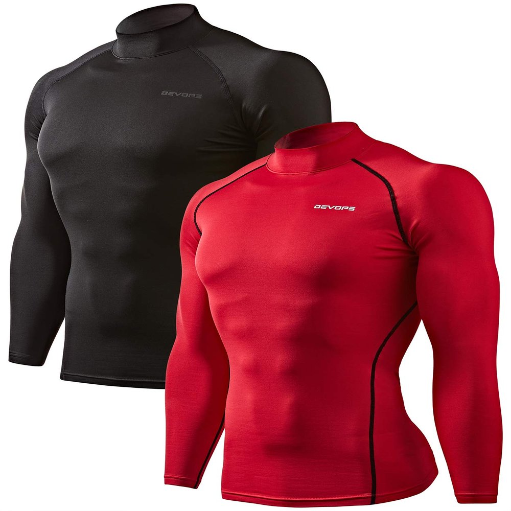 DEVOPS 2 Pack Men's Thermal Turtle Mock Neck Shirts, Compression Long Sleeve Tops (Medium, Black/Red)