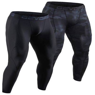 DEVOPS 2 Pack Men's Compression Pants Athletic Leggings (Small, Black/Camo Black)