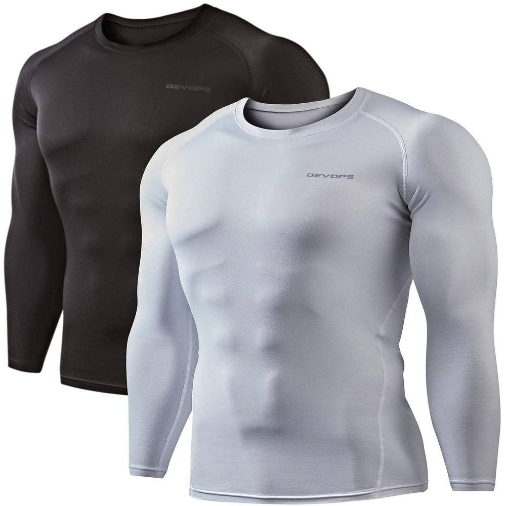 DEVOPS 2 Pack Men's Thermal Long Sleeve Compression Shirts (X-Large, Black/White)