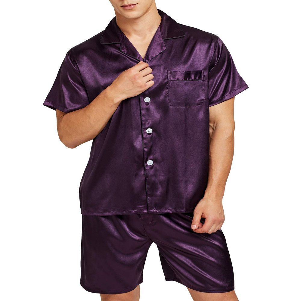 Sanraflic Men's Satin Pajamas Short Button-Down Pj Set Sleepwear Loungewear (Purple, L)