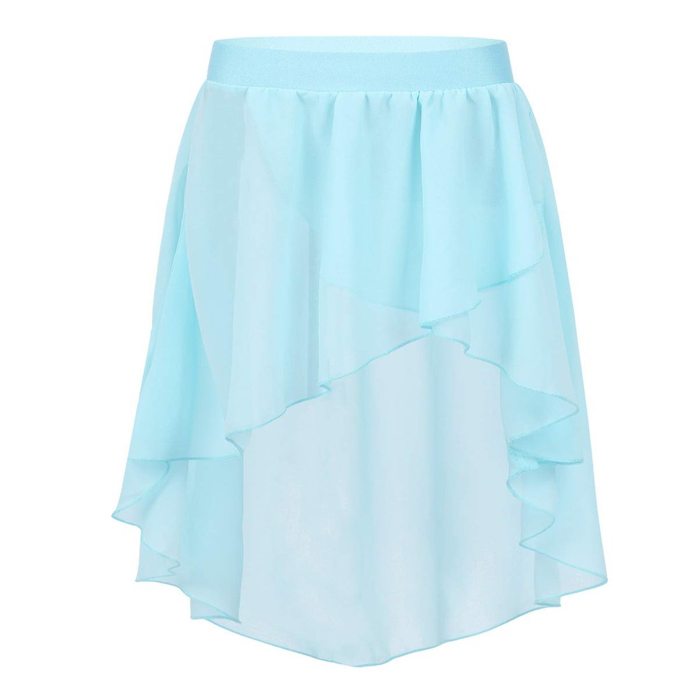 Freebily Kids Girls Basic High-Low Elastic Waistband Chiffon Skirt Irregular Circular Ballet Jazz Dance Studio Practice Dress Light_Blue 10