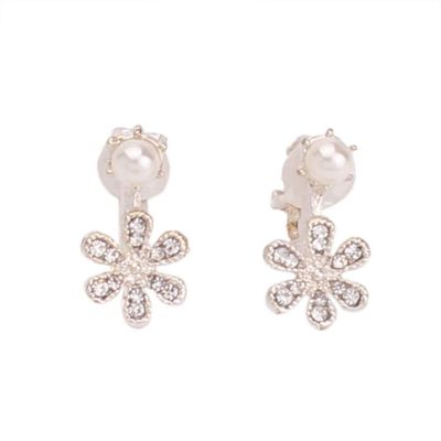 HAPPYAN Fashion Rhinestone Faux Pearl Flower Clip on Earrings No Pierced Party Cute Small Earrings (Silver Plated)