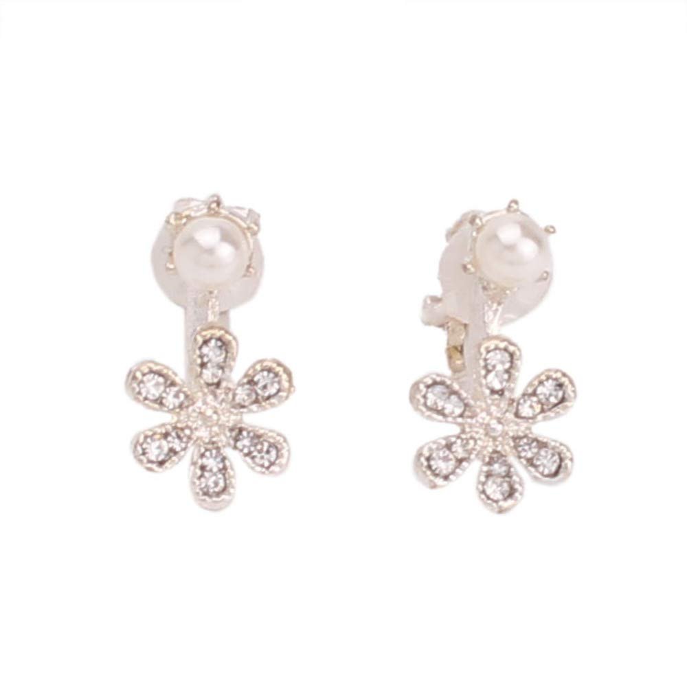 HAPPYAN Fashion Rhinestone Faux Pearl Flower Clip on Earrings No Pierced Party Cute Small Earrings (Silver Plated)