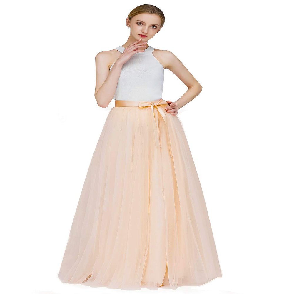 EllieHouse A Line Long Full Bridesmaid Tulle Skirt for Wedding Evening Party P68 Champagne XL