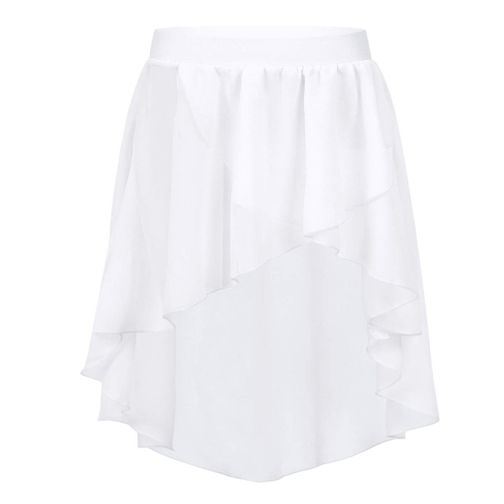 Freebily Kids Girls Basic High-Low Elastic Waistband Chiffon Skirt Irregular Circular Ballet Jazz Dance Studio Practice Dress White 12