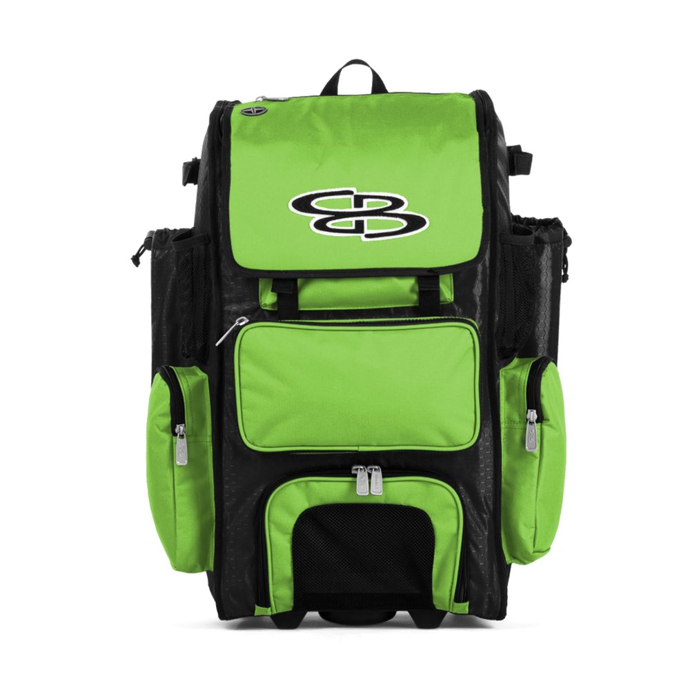 Boombah Rolling Superpack 2.0 Baseball / Softball Gear Bag - 23-1/2Inch x 13-1/2Inch x 9-1/2Inch - Black/Lime Green - Telescopic Handle - Holds 4 Bats - Wheeled Version , One Size