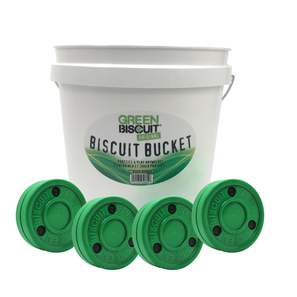 Green Biscuit Hockey Pucks Bucket - 15 Snipe Shooters