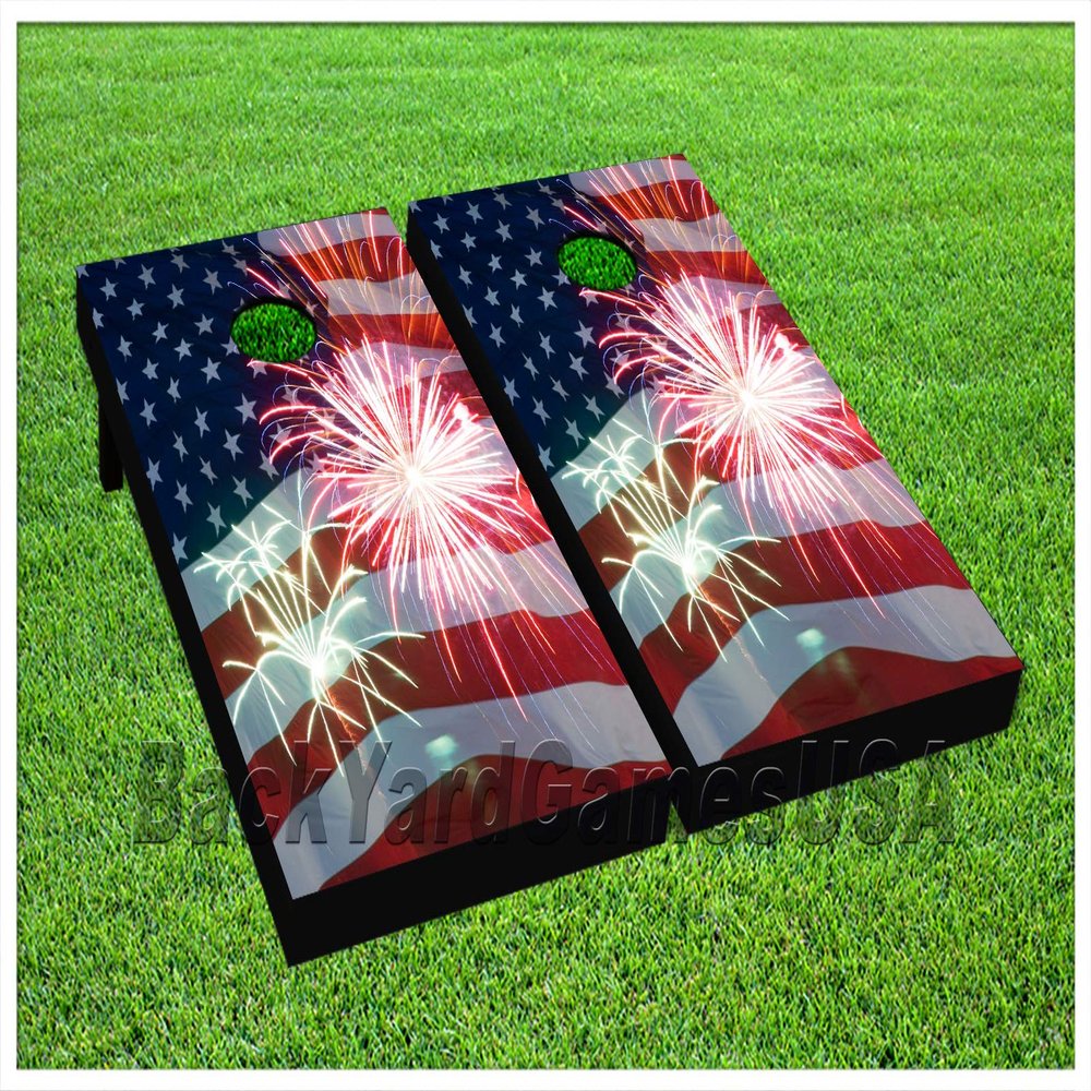 American Flag Series - Premium Cornhole Boards - Includes 2 Regulation Size 4' x 2' Cornhole Boards, and a Set of 8 Double Stitched Cornhole Bags (American Firework Flag)