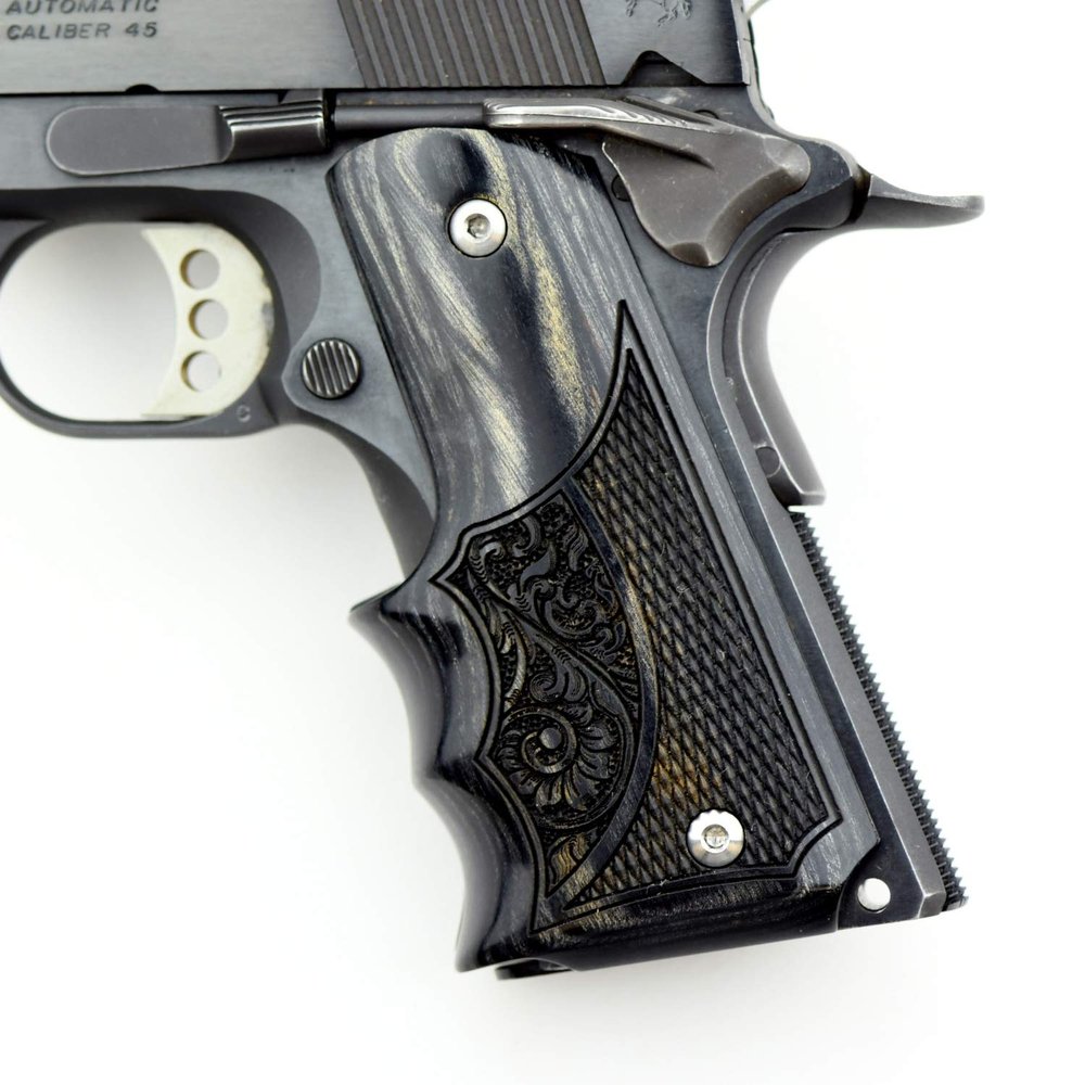 Altamont 1911 Grips - Fingergroove - Full Size 1911 Real Wood Gun Grips w. Ambi Safety fits Most Commander, Standard & Government 1911 Models - Made in USA - Silverblack - Engraved
