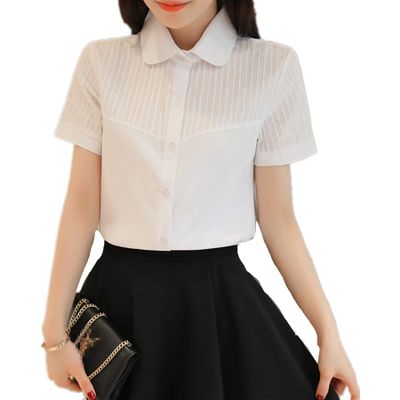 Taiduosheng Womens Short Sleeve Baby Collar White Shirts Girls School Button Down Shirts OL Office Formal workshirts