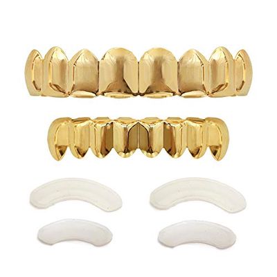 24K Plated Gold Grillz 8 Teeth Mouth Top & Bottom Set Hip Hop Bling Grills for Men + Microfiber Cloth