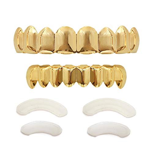24K Plated Gold Grillz 8 Teeth Mouth Top & Bottom Set Hip Hop Bling Grills for Men + Microfiber Cloth