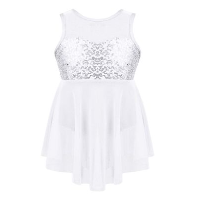 Agoky Kids Girl's Lyrical Dance Costume Dress Illusion Sweetheart Chiffon Skirted Leotard Modern Contemporary Dresses White 5-6