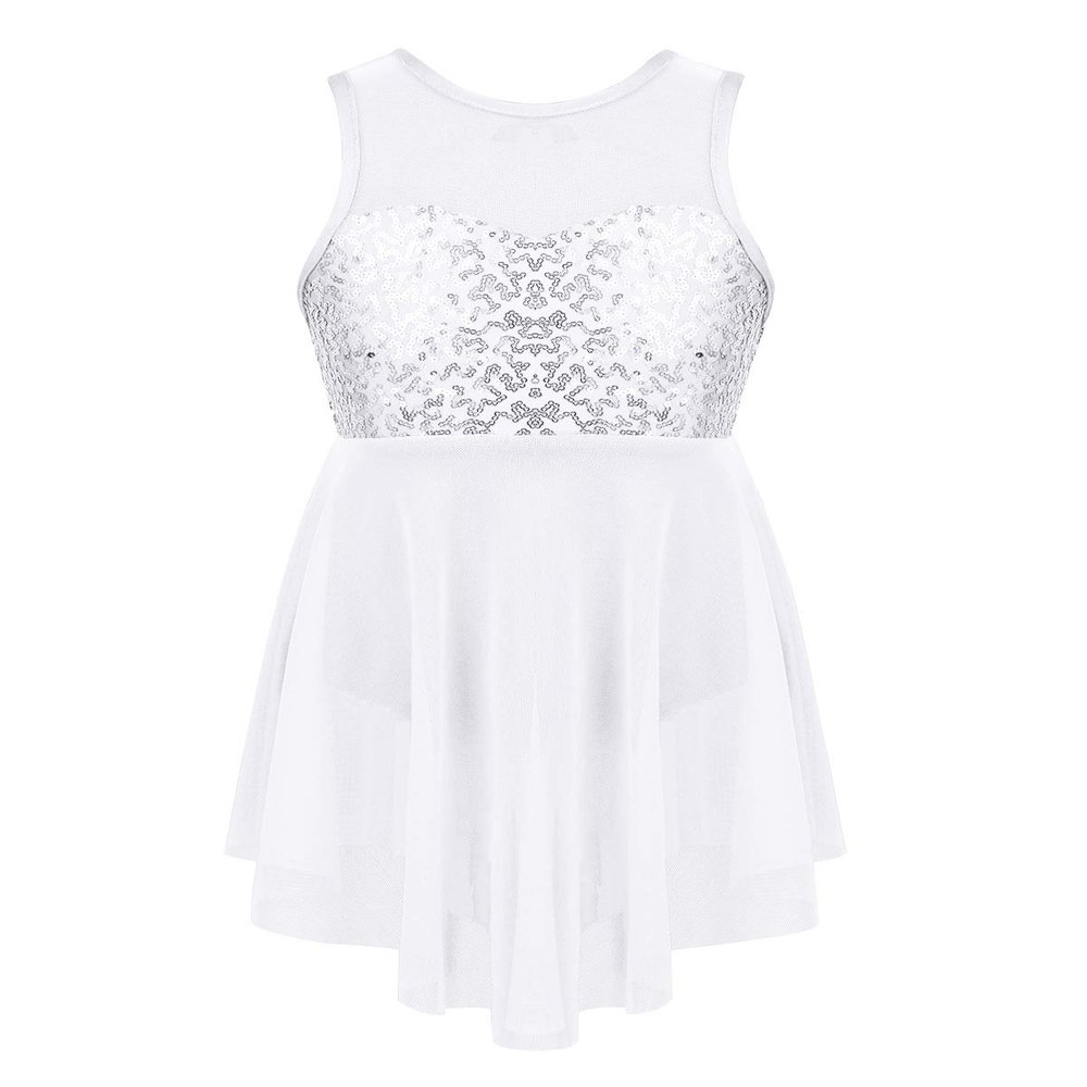 Agoky Kids Girl's Lyrical Dance Costume Dress Illusion Sweetheart Chiffon Skirted Leotard Modern Contemporary Dresses White 5-6