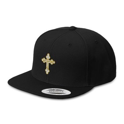 Custom Snapback Baseball Cap Gold Outline Orthodox Cross Embroidery Acrylic Flat Bill Hard Hat Snaps Black Personalized Text Here