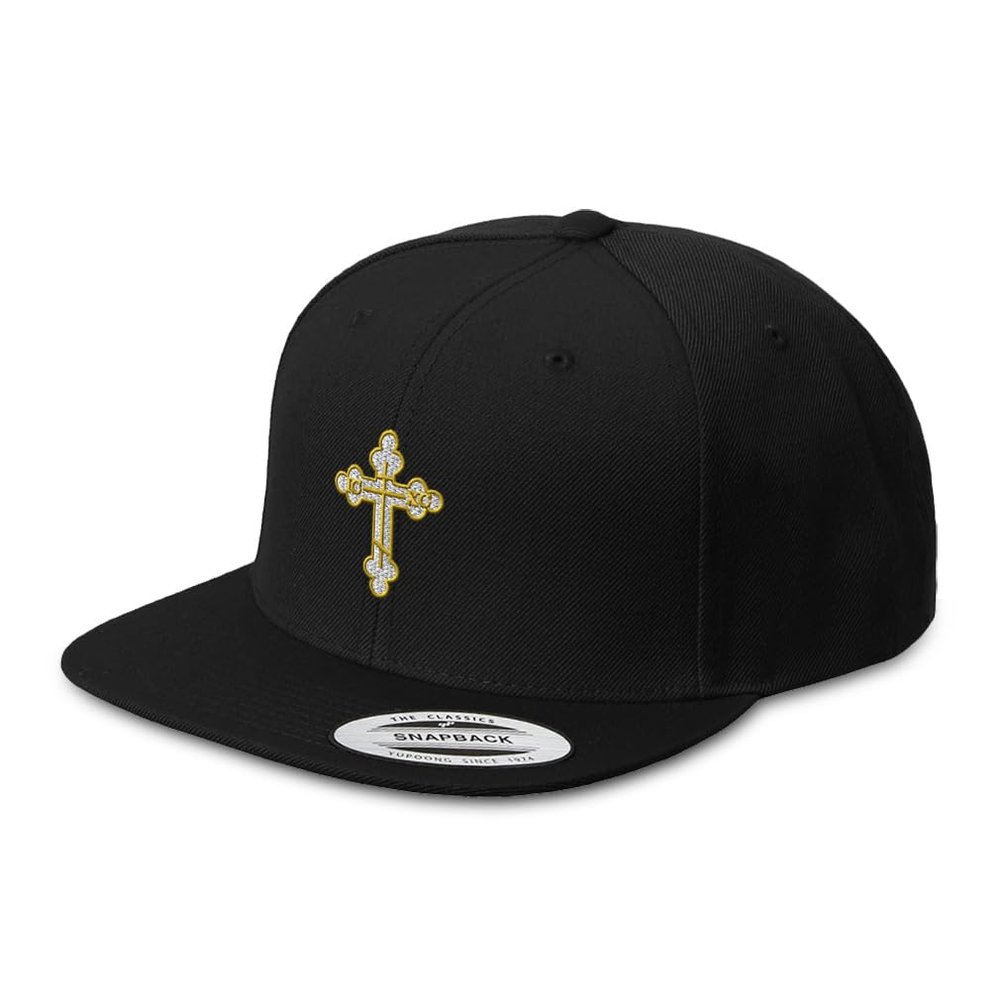 Custom Snapback Baseball Cap Gold Outline Orthodox Cross Embroidery Acrylic Flat Bill Hard Hat Snaps Black Personalized Text Here