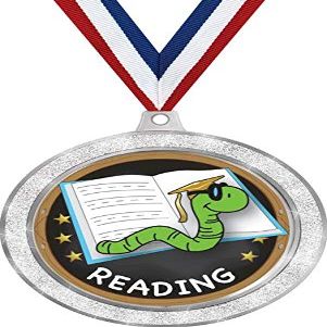 2 1/2" Silver Glitter Reading Medal, Book Worm Medal Awards 20 Pack