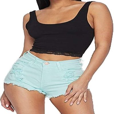 Vibrant Women's Juniors Denim High Waist Cutoff Shorts (Medium, Mint Crop Top Bundle