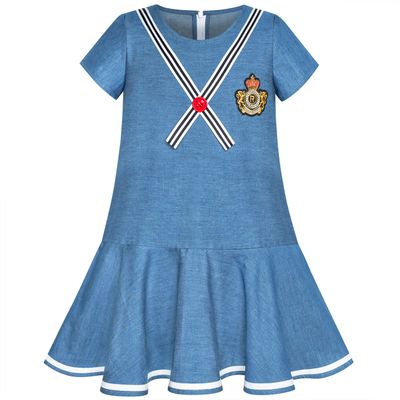 Sunny Fashion Girls Dress Denim Blue Short Sleeve School Uniform Size 6