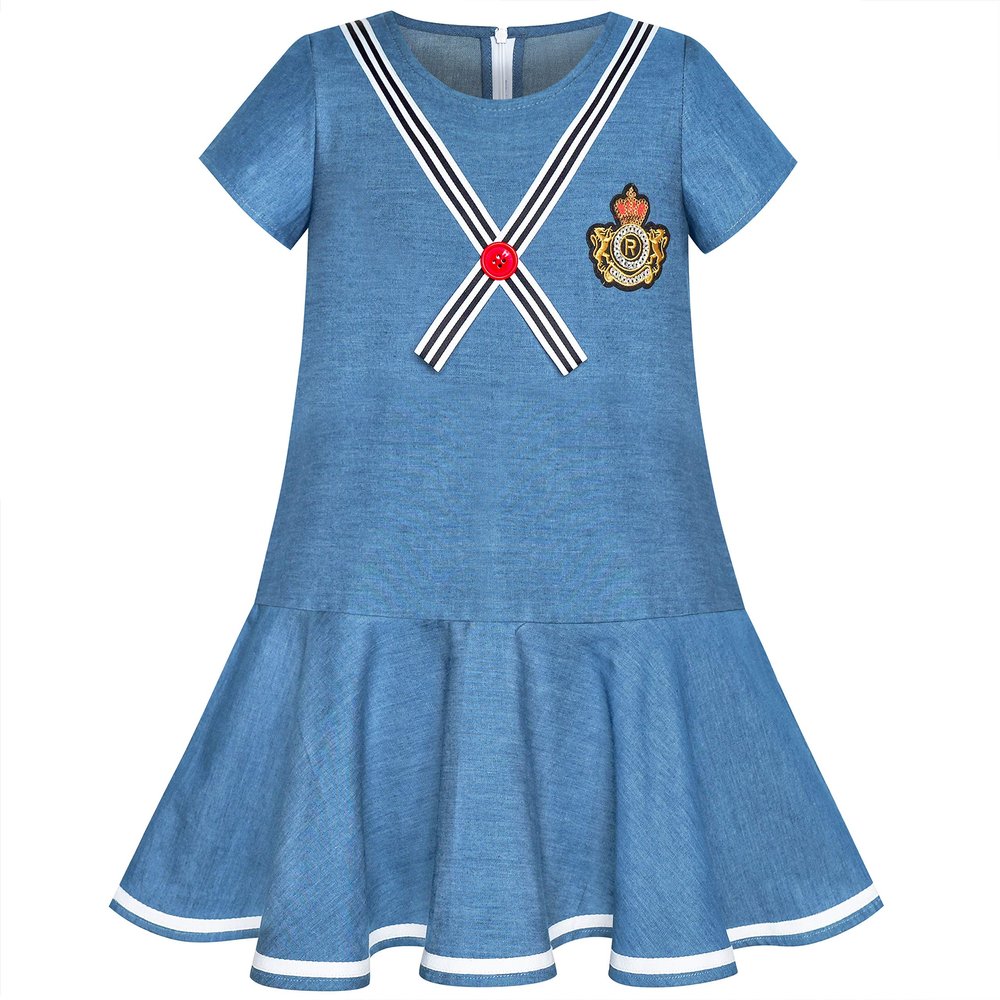 Sunny Fashion Girls Dress Denim Blue Short Sleeve School Uniform Size 6