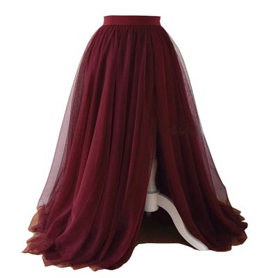 EllieHouse Adult Bride Split Long Maxi Prom Party Evening Tulle Skirt Burgundy XL