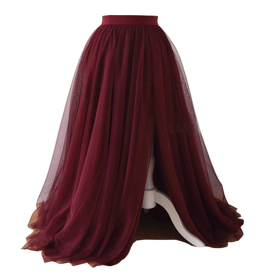 EllieHouse Adult Bride Split Long Maxi Prom Party Evening Tulle Skirt Burgundy XL