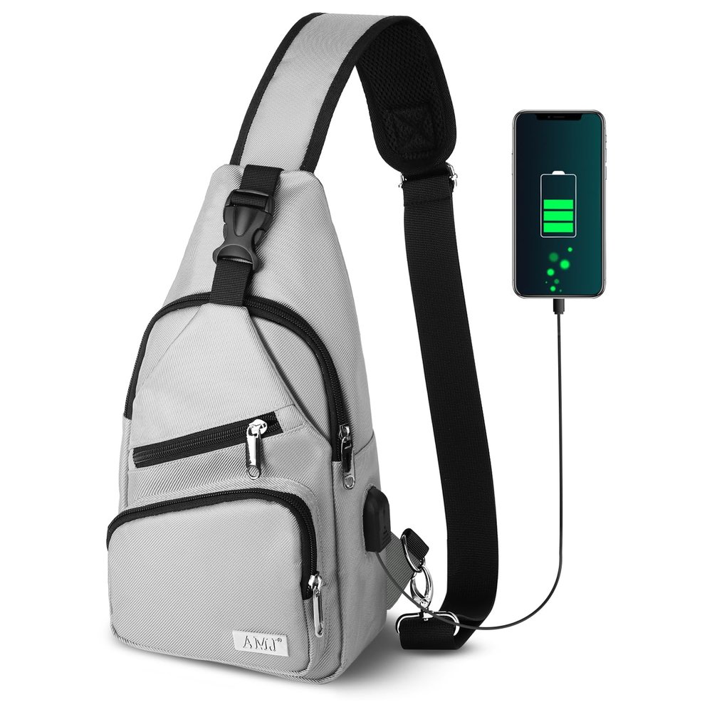 AMJ Crossbody Sling Bag Men Women, Casual Shoulder Backpack, Chest Daypack Satchel for Hiking Travel (Small, White Gray)