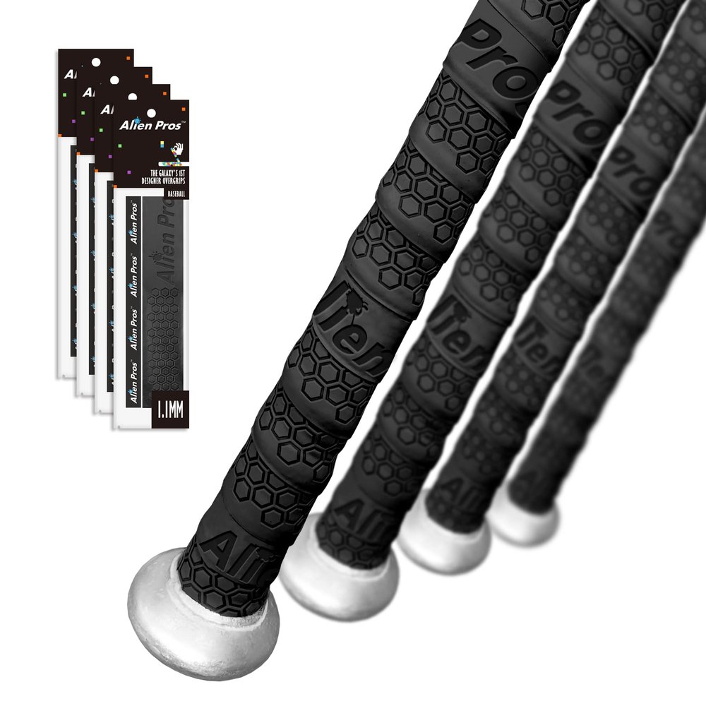 ALIEN PROS Bat Grip Tape for Baseball (4 Grips)  1.1 mm Precut and Pro Feel Bat Tape  Replacement for Old Baseball bat Grip  Wrap Your Bat for an Epic Home Run (4 Grips, Black)