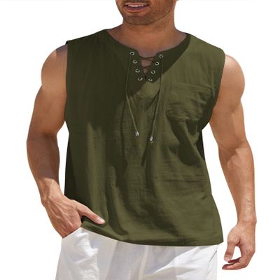 COOFANDY Mens Beach Shirts Fashion Sleeveless Tee Shirt Casual Cotton Linen Tank Top Army
