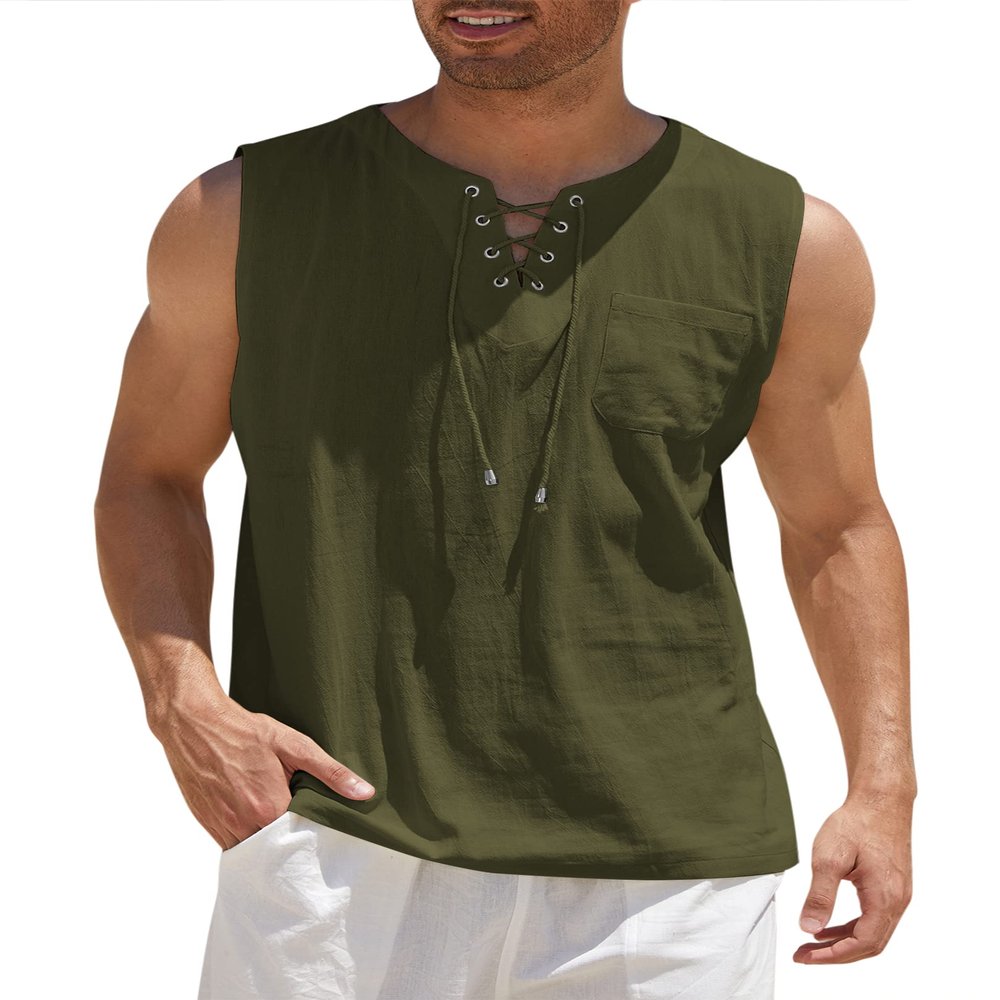 COOFANDY Mens Beach Shirts Fashion Sleeveless Tee Shirt Casual Cotton Linen Tank Top Army