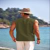 COOFANDY Mens Beach Shirts Fashion Sleeveless Tee Shirt Casual Cotton Linen Tank Top Army view 3