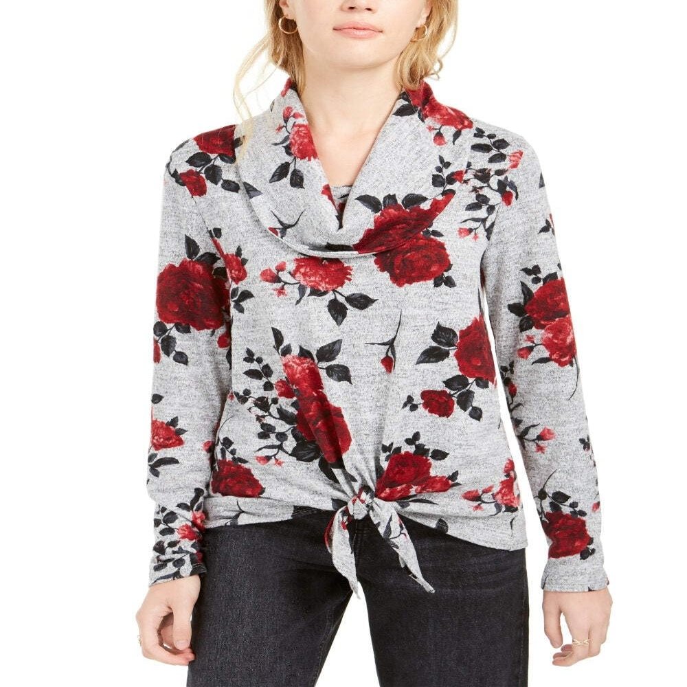 A. Byer Women's Juniors Long Sleeve Cowl Neck Sweater, Red Roses, XL