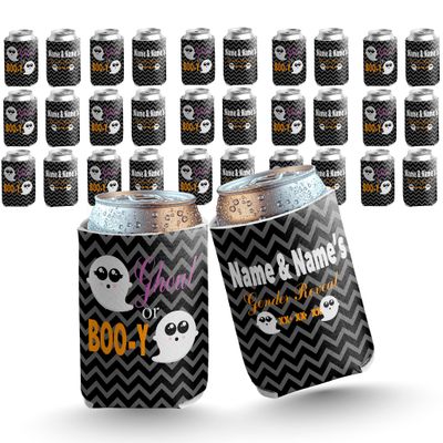 VictoryStore Custom Halloween Gender Reveal Can Cooler Ghoul or Boo-y Design Personalized Drink Sleeve for Baby Reveal Parties Fits 12-16 oz Cans & Bottles Foldable & Washable, Set of 24