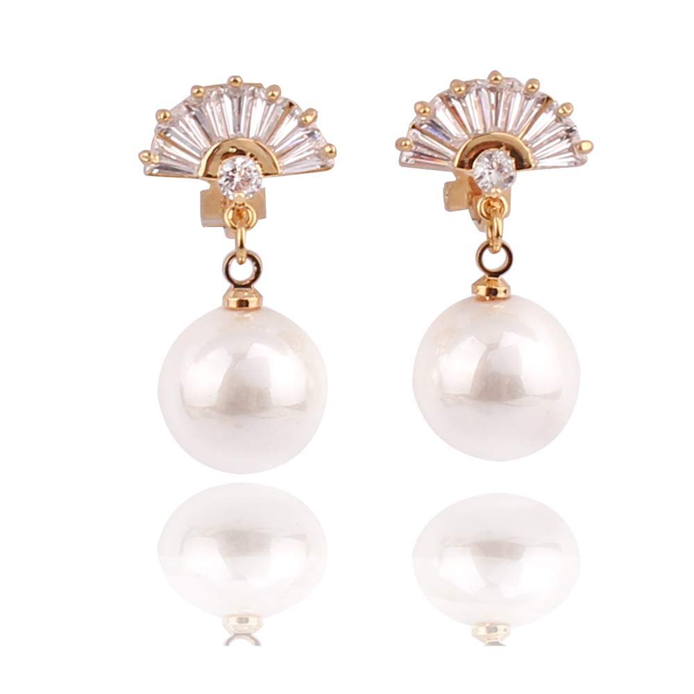 HAPPYAN Women's Bridal Wedding AAA CZ Fan-Shape Clip on Earrings Without Pierced Elegant No Ear Hole Earrings (Gold-Color)