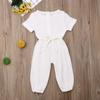 Mubineo Toddler Baby Girl Summer Fall Basic Plain Short Sleeve Cotton Linen Drawstring Romper Jumpsuit (White, 2-3T) view 3