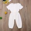 Mubineo Toddler Baby Girl Summer Fall Basic Plain Short Sleeve Cotton Linen Drawstring Romper Jumpsuit (White, 2-3T) view 4