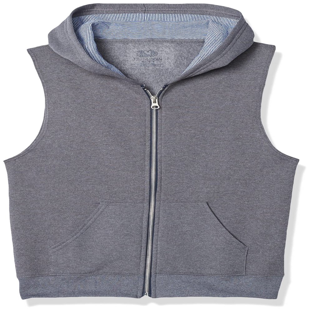 Fruit of the Loom Boys' Fleece Full Zip Sleeveless Vest, CHARCOAL HEATHER/TIMES SQUARE NAVY STRIPE, Medium