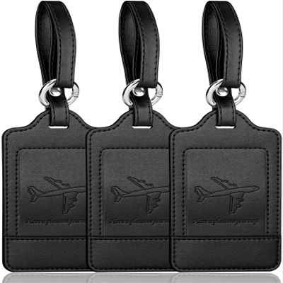 3 Pack Luggage Tags - Quick Install, Privacy Protection, Airplane Travel Essentials for Suitcases, Durable Leather - Black