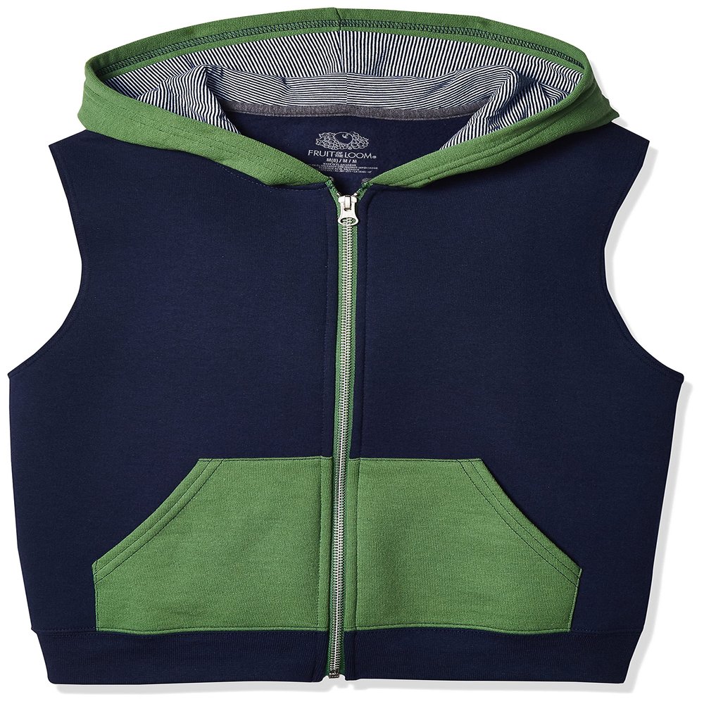Fruit of the Loom Boys' Fleece Full Zip Sleeveless Vest, GHOST NAVY/GAMETIME GREEN/CHARCOAL HEATHER, X-Small