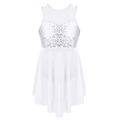 iiniim Kids Girls Modern Lyrical Dance Costumes Dress Sleeveless Sequins Criss-Cross Back Ballet Leotard Irregular Hem Dress White 8