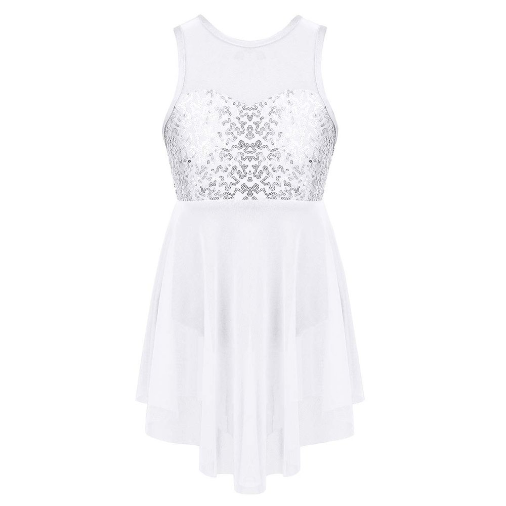 iiniim Kids Girls Modern Lyrical Dance Costumes Dress Sleeveless Sequins Criss-Cross Back Ballet Leotard Irregular Hem Dress White 8