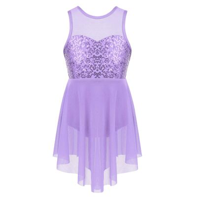 iiniim Kids Girls Modern Lyrical Dance Costumes Dress Sleeveless Sequins Criss-Cross Back Ballet Leotard Irregular Hem Dress Lavender 8