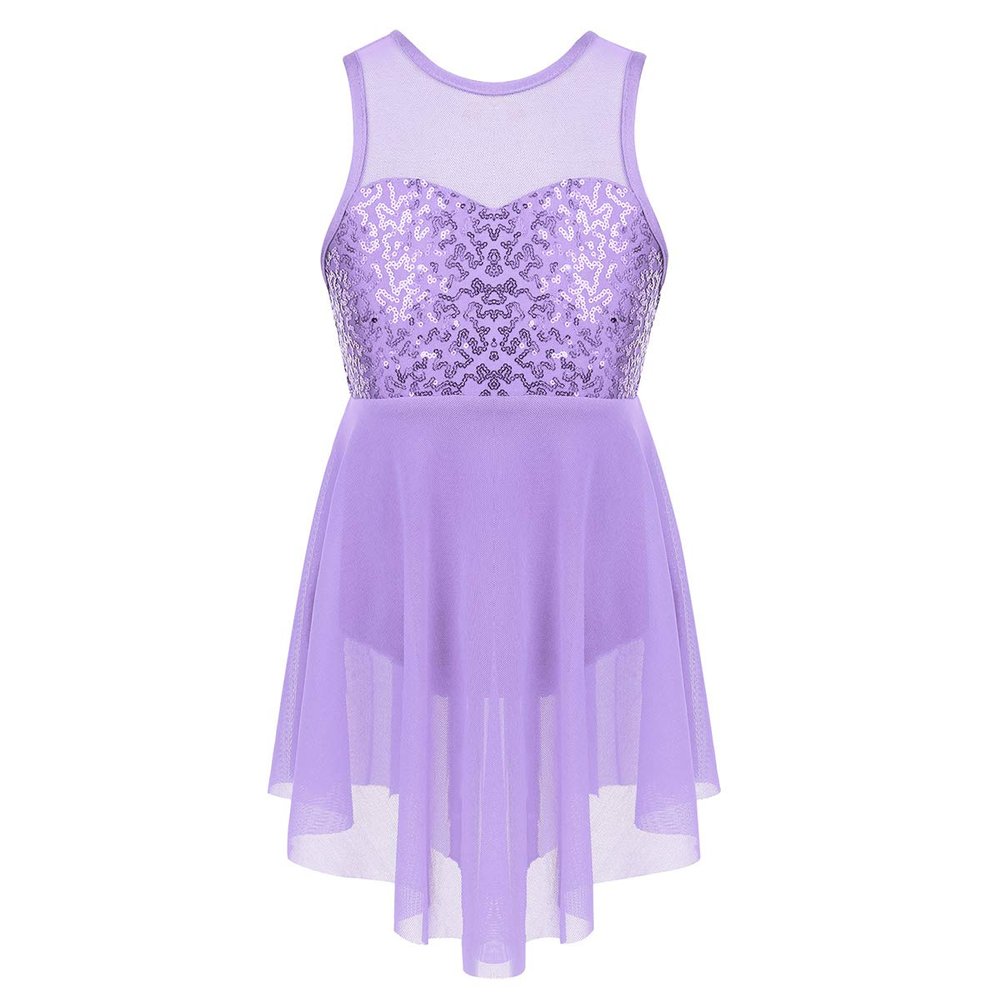 iiniim Kids Girls Modern Lyrical Dance Costumes Dress Sleeveless Sequins Criss-Cross Back Ballet Leotard Irregular Hem Dress Lavender 8