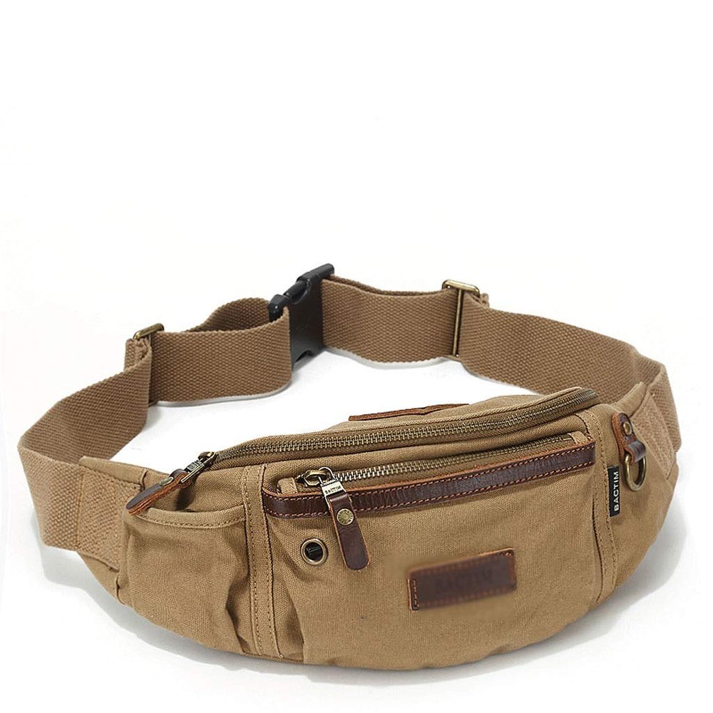 Sports Pockets Men's Sports Bag Multi-Function Fanny Pack Large-Capacity Waist Bag Canvas G-84 (Brown)