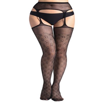 Confonze Women's High Waist Fishnet Tights Suspenders Pantyhose Thigh High Stockings Black (Black-6093)