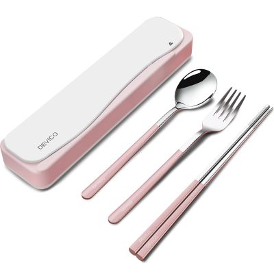 DEVICO Travel Utensils with Case, 4Pcs Portable Silverware Set for Work, 18/8 Stainless Steel Reusable Cutlery, Korean Spoon and Chopsticks Fork for Camping, School, Lunch Box Accessories (Pink)