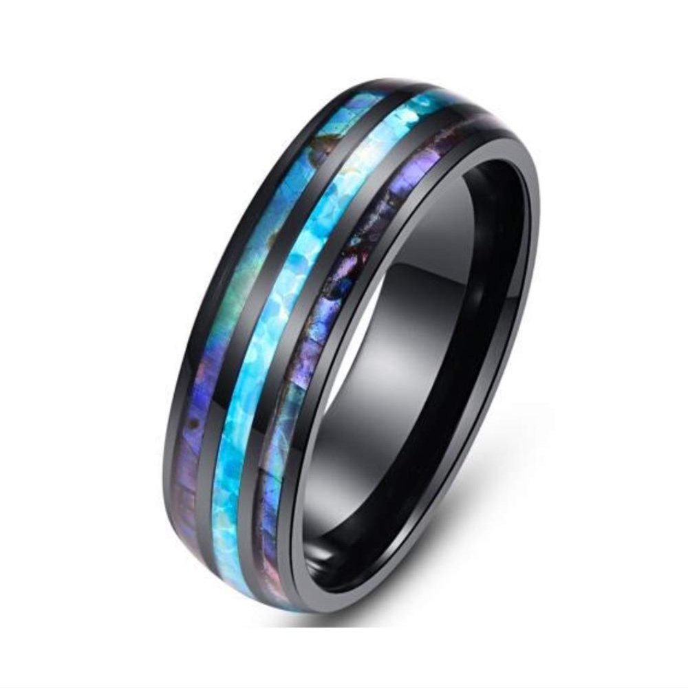 8mm Mens Women's Black Stainless Steel Wedding Ring Abalone Shell Inlay Dome Band (Size 13)