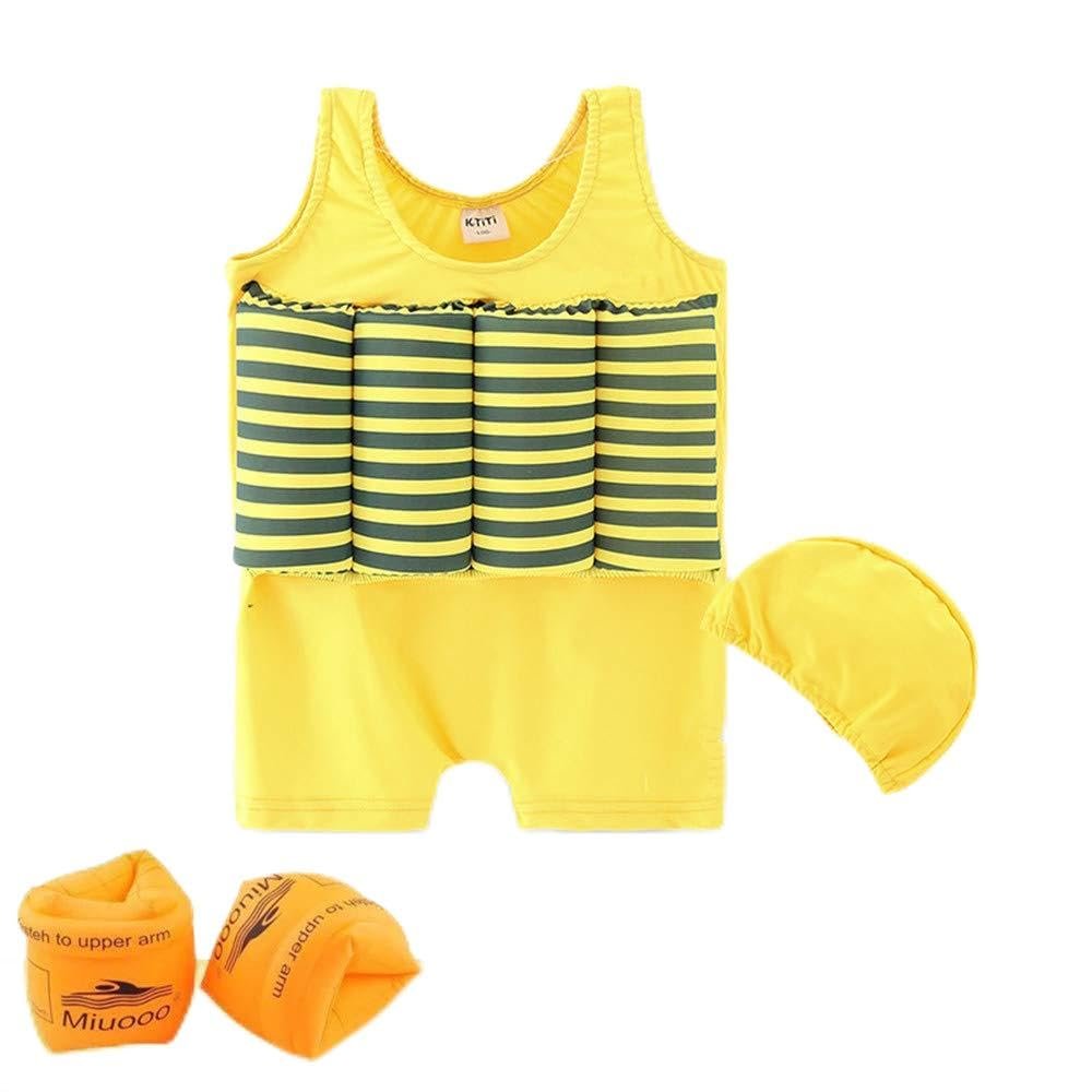TAOTAO Floatation Swimsuits for Toddler Adjustable Buoyancy Life Jacket for Kids Boys Girls Swimwear Swim Cap Arm Floaties (Height:47.2''-51.2''/Weight:48.5-57.3b, Yellow1)