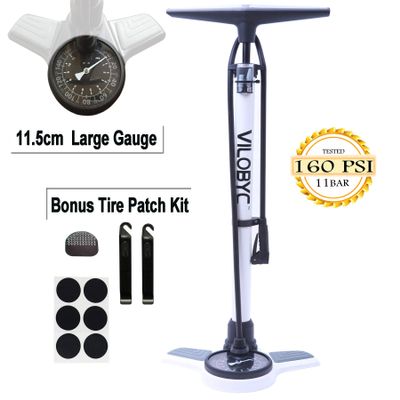 Vilobyc High Pressure Alloy Aluminum Bike Bicycle Floor Pump with Large Gauge (4.5in Diameter), 160 PSI, Reversible Presta & Schrader Valve